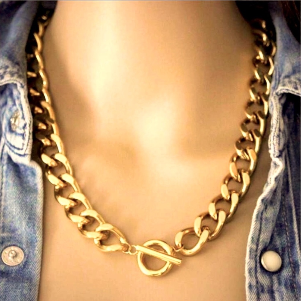 NEW Chunky Gold Tone Stainless Steel Chain Necklace with Easy on off Clasp